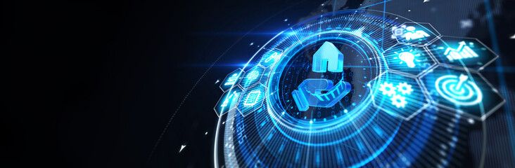 Insurance concept.  Client click on insure button. Insurance icons: car, travel, family and life insurance, financial and health. illustration