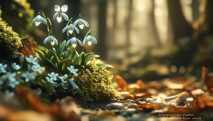Snowdrop Flowers Mockup in Mossy Forest with Warm Light

