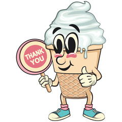 cute ice cream cone mascot cartoon vector character with waffle cone and vanilla topping say thank you, fun citrus character vector for summer, work of hand drawn