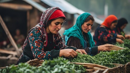 Women sorting fresh produce at a market stall.