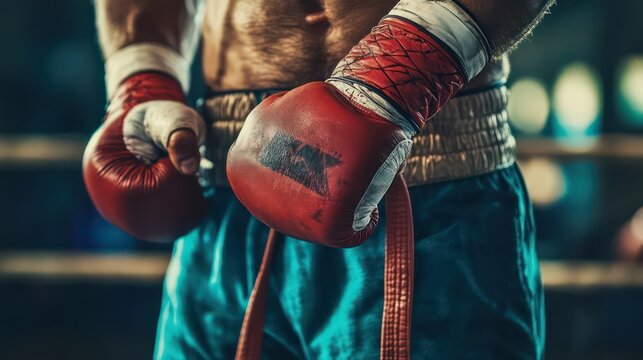 Boxer Adjusting Worn Red Boxing Gloves in Dimly Lit Gym