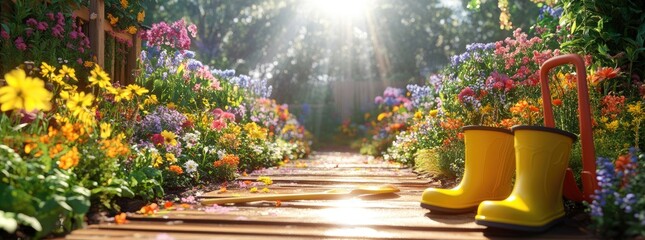 Obraz premium Colorful flower garden path with yellow rain boots