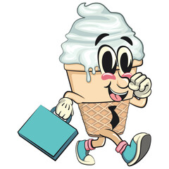 cute ice cream cone mascot cartoon vector character with waffle cone and vanilla topping with a suitcase rushing to the office, work of hand drawn