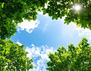 緑の木々に木漏れ日が射す様子　下から青空を見上げた景色