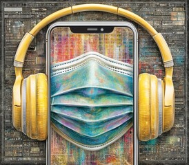 smartphone wearing facemask, concept of device virus infection illustrated in a retro sci-fi poster style, futuristic mask design on a sleek smartphone