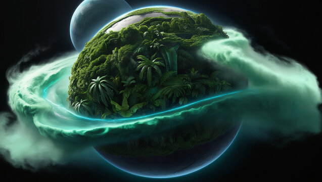 Alien jungle planet with glowing rivers from space view. Perfect for sci-fi book covers, game art, and futuristic concept design.