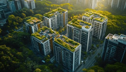 Fototapeta premium Eco-Friendly Urban Oasis: Aerial View of Green Roofs