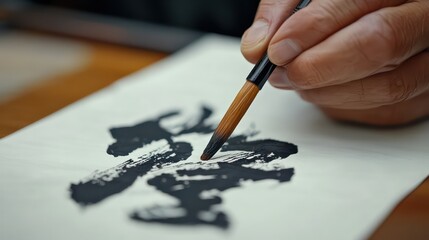 Close Up of Hand Painting Ink Brushstrokes on Paper