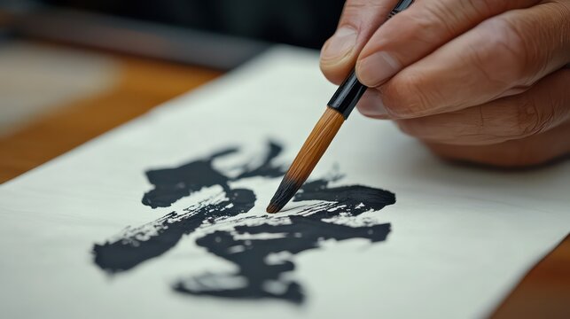 Close Up of Hand Painting Ink Brushstrokes on Paper