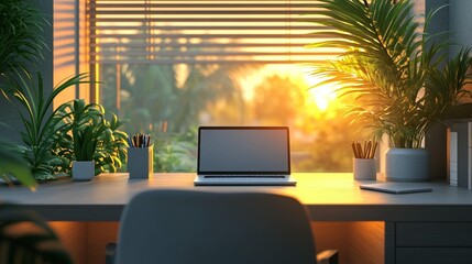 Sunset Workspace: Laptop, Plants & Golden Hour