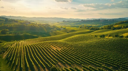 Aerial View of Rolling Hills Covered in Vibrant Green Vineyards on a Sunny Day 
