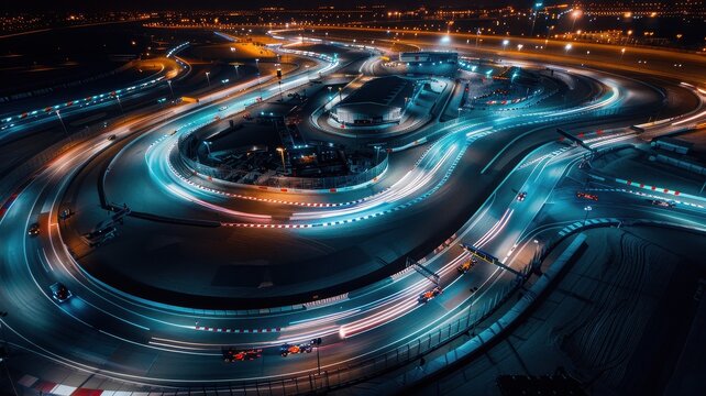 Stunning aerial view of an illuminated F1 track at night, showcasing vibrant lights and fast-moving cars, capturing the excitement of the racing atmosphere.
