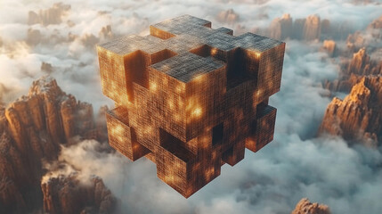 Minimalistic geometric cube structure hovers above misty mountain peaks, blending abstract architecture with ethereal nature to evoke mystery, balance, and futuristic contemplation.

