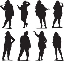 Silhouettes of Confident Plus Size Women in Fashion Poses Isolated on White Background