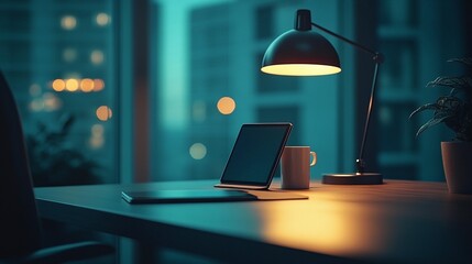 Night Desk Setup: Tablet, Lamp, and Mug