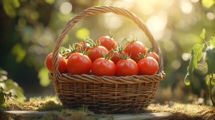 Fresh tomatoes harvest in a wicker basket with a blurred background of greenery and sunlight