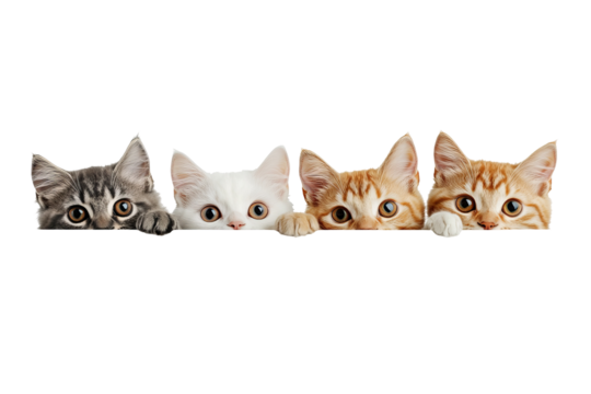 Curious tabby cats peeking playfully over an edge on transparent background — high-resolution PNG cutout ideal for web banners, pet-themed social media graphics, and e-commerce overlays