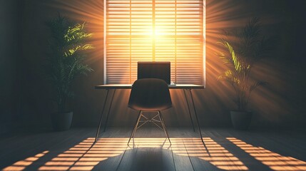 Sunlit Workspace: Desk, Chair, Plants