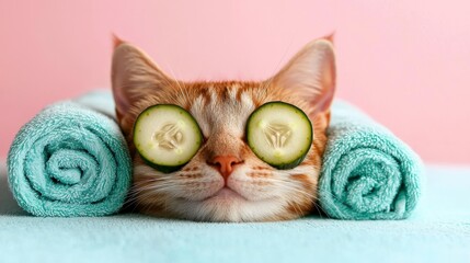 Ginger cat enjoying spa day with cucumber slices. Pampered feline relaxes rejuvenated by cool cucumber treatment a luxurious wellness experience for a furry friend.