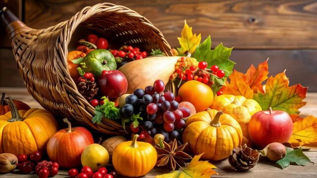 Abundant autumn harvest overflowing from wicker cornucopia on rustic wooden surface with pumpkins, apples, grapes, and colorful fall leaves