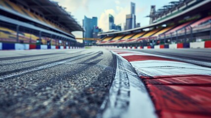This striking image captures a low perspective of an empty racing track, leading towards an impressive urban skyline, showcasing modern architecture and dynamic lines.