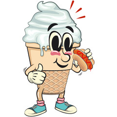 cute ice cream cone mascot cartoon vector character with waffle cone carrying a hotdog while giving a thumbs up, work of hand drawn