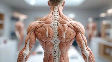 Detailed anatomical model of back muscles and spine