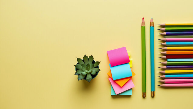 Colorful pencils and sticky notes flatlay on pastel yellow background. Perfect for stationery branding, school campaigns, and workspace design projects.