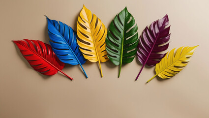Colorful tropical leaves arranged in a corner over beige background. A clean, bold flatlay perfect for modern botanical design and minimalist visual appeal.