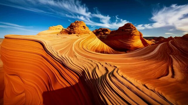 Dramatic rock formations with swirling patterns under a blue sky with wispy clouds in the desert landscape creating dynamic texture and color
