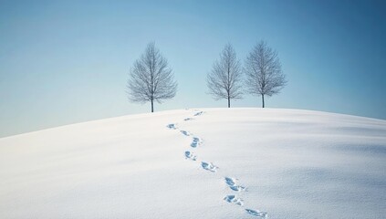 Winter landscape with footprints leading through snow-covered hill.  Bare trees stand atop the rise, against a clear, pale blue sky