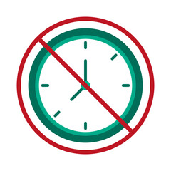 Green clock restricted. Red ban overlay. Time symbol vector. Round dial element.