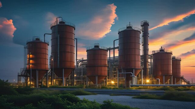 A tranquil sunset scene shows towering industrial silos with ladders and pipes, bathed in golden light, blending the beauty of nature with the stark complexity of human industry