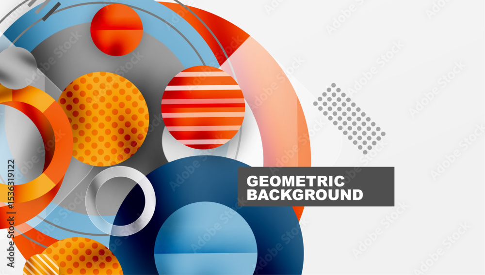 Poster abstract geometric shapes overlap, creating dynamic composition. orange, blue, gray tones dominate d