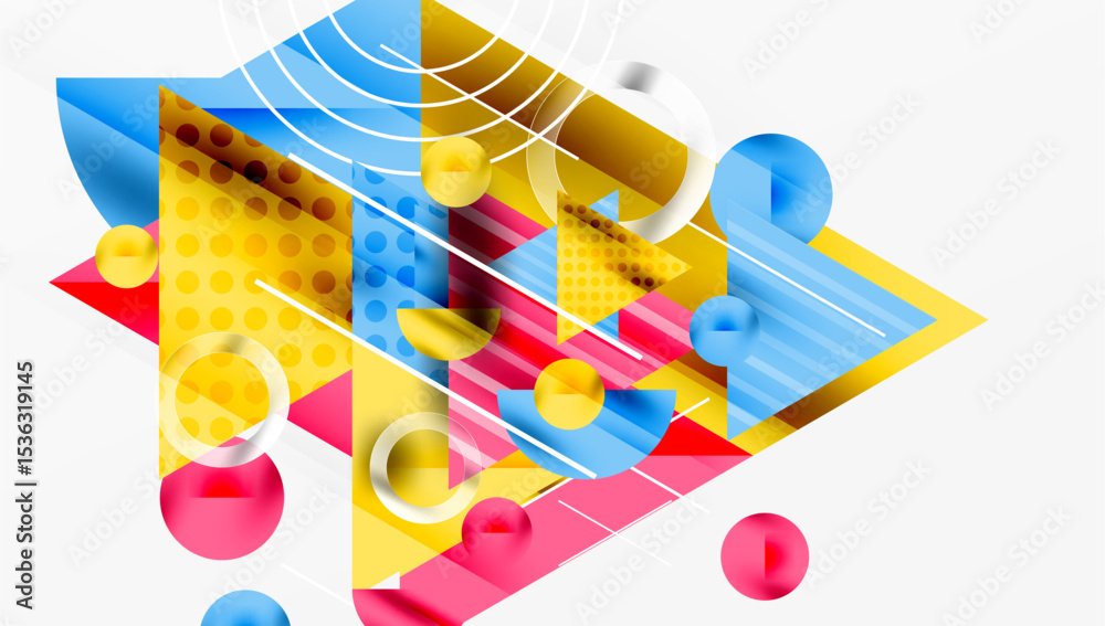 Poster abstract geometric composition. bright shapes overlap, creating dynamic visual effect. circles, squa