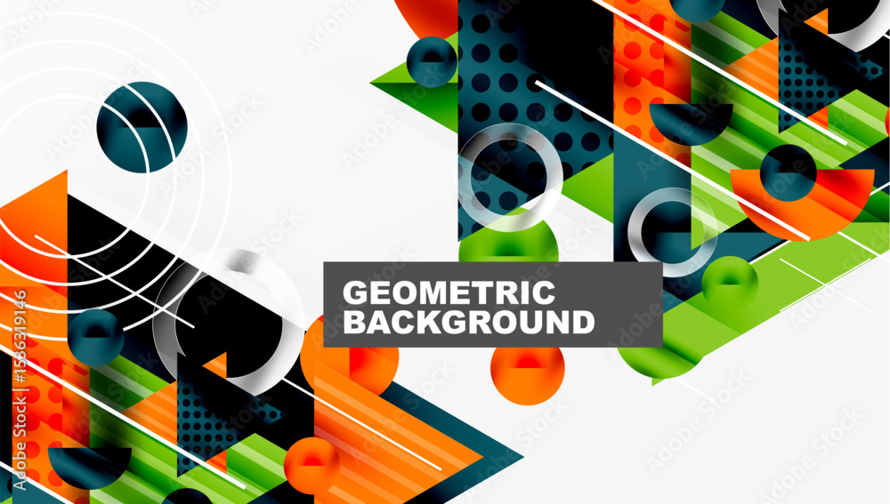 Poster Abstract geometric shapes, vibrant colors, modern design. Overlapping elements create dynamic visual texture. Clean lines, gradients present.