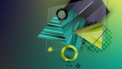 Abstract geometric composition. Shapes overlap, creating dynamic visual effect. Green, blue hues dominate design. Modern, stylish presentation.