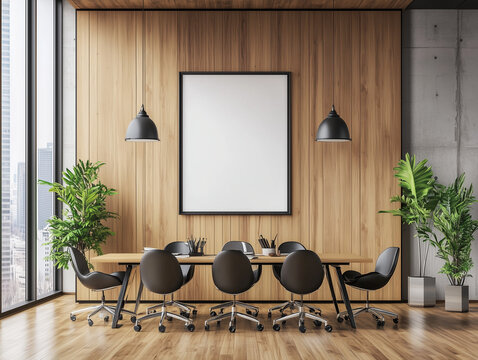 Conference room interior with blank poster frame and modern design elements