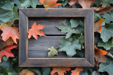 Rustic Wooden Frame on Autumn Leaves Background with Natural Copyspace