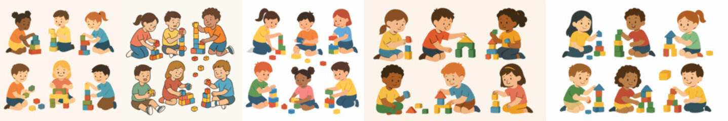 Vector Set Kids playing building block education activity