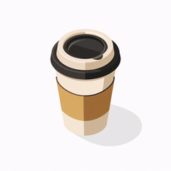 Isometric disposable coffee cup with black lid and brown sleeve, vector illustration on white background

