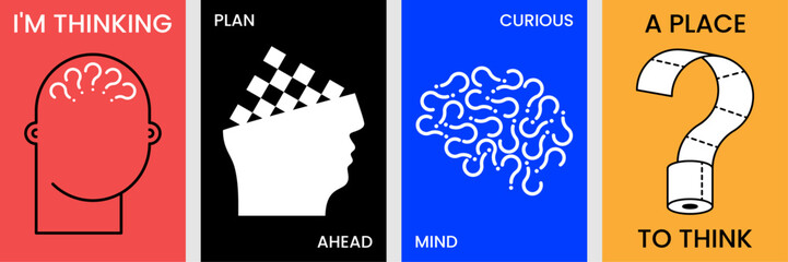 Creative thinking poster set with abstract brain graphics and conceptual illustrations.