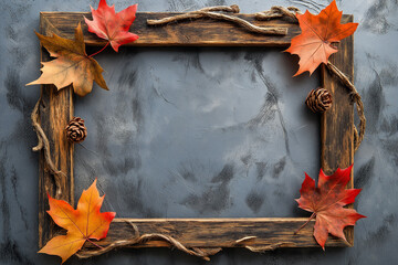 Autumn Maple Leaf Frame with Rustic Wood and Copyspace