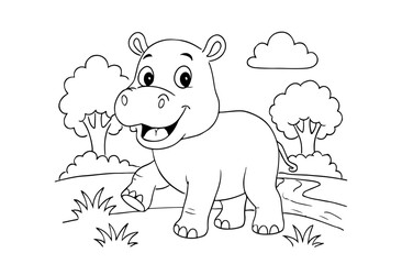 Coloring page of cute hippopotamus for kids coloring book