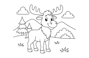 Coloring page of cute moose for kids coloring book