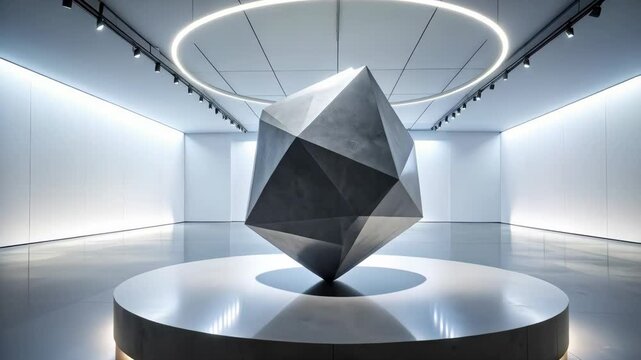 Abstract metal polyhedral sculpture on circular platform in a modern minimalist art gallery with neon ring light fixture
