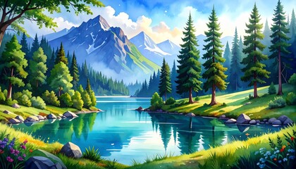 Mountain lake landscape with reflections of trees and sky