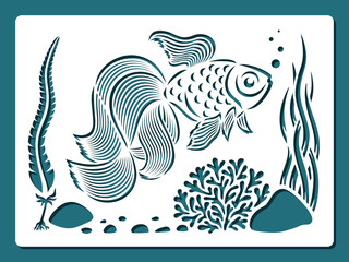 Rectangular stencil with fish, seaweed. Openwork goldfish swims in water among plants, stones. Template for plotter laser cutting of paper, wood carving, metal engraving, cnc. Vector illustration.