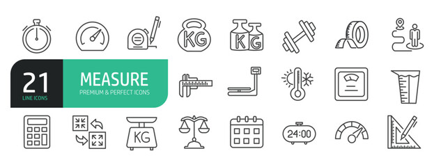 Set Of Measure Icons. Contains such icons as Ruler, Temperature, Dimension, Time, Speed, Gauge, Distance, Area, Measuring Tape, Radius, Diameter, Weight, and more.