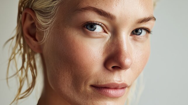 Detailed close-up image of a woman?s face showcasing clear skin and natural beauty, highlighting texture and features.